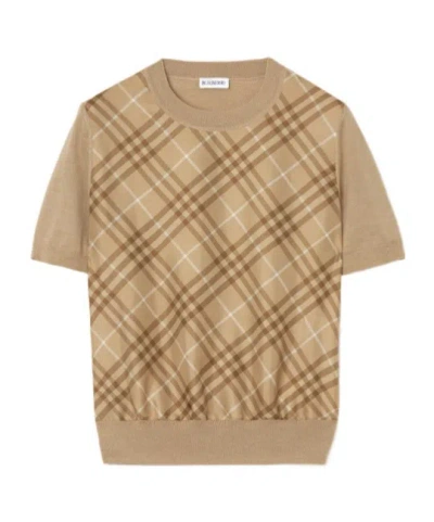 Burberry Check Panel Wool Silk T-shirt In Brown
