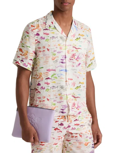 Vilebrequin Vbq X Fabrice Hyber Pescador Linen Bowling Shirt In White