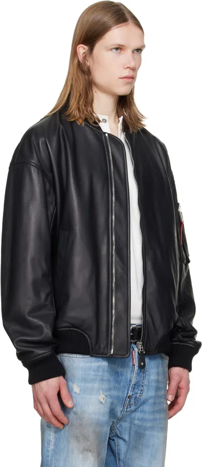 Dsquared2 Leather Jacket Front Pockets Ribbed Cuffs In Black