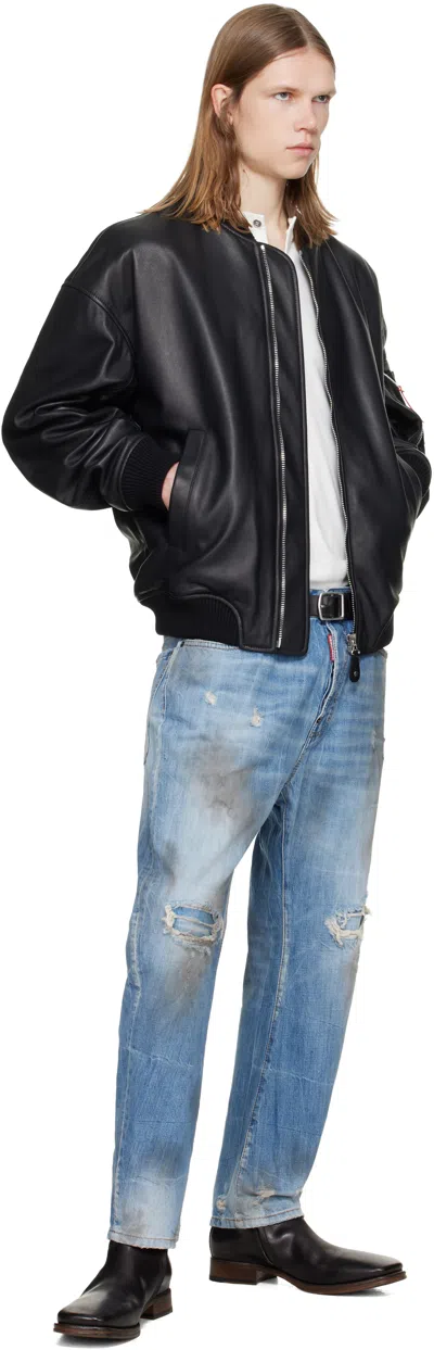 Dsquared2 Leather Jacket Front Pockets Ribbed Cuffs In Black