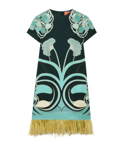 La Doublej Swing Printed Feather-trimmed Silk-twill Mini Dress In Multi