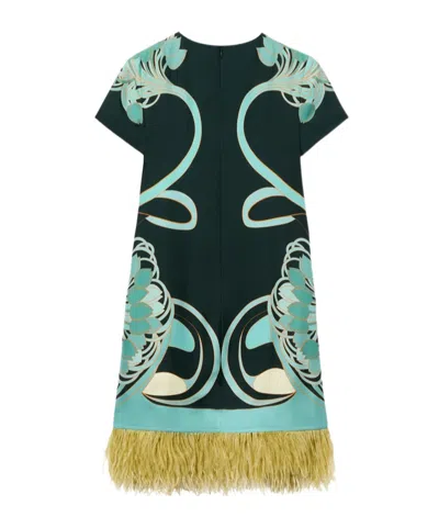 La Doublej Swing Printed Feather-trimmed Silk-twill Mini Dress In Multi