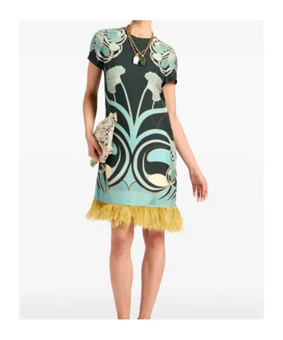 La Doublej Swing Printed Feather-trimmed Silk-twill Mini Dress In Multi