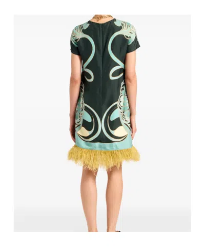 La Doublej Swing Printed Feather-trimmed Silk-twill Mini Dress In Multi