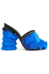 MARCO DE VINCENZO Leather-trimmed fringed-satin mules