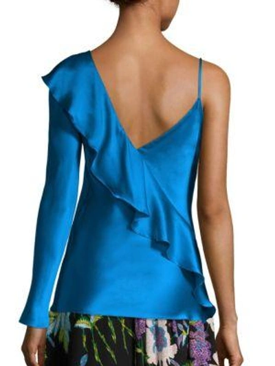 Shop Diane Von Furstenberg Asymmetrical Sleeve Ruffled Front Blouse In Turquoise