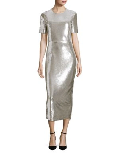 Shop Diane Von Furstenberg Short Sleeve Tailored Sequin Bodycon Dress In Silver Nectar