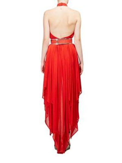 Shop Balmain Belted Halter Gown In Red