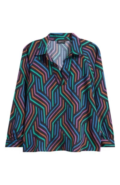 Apny Print Split Neck Top In Blue