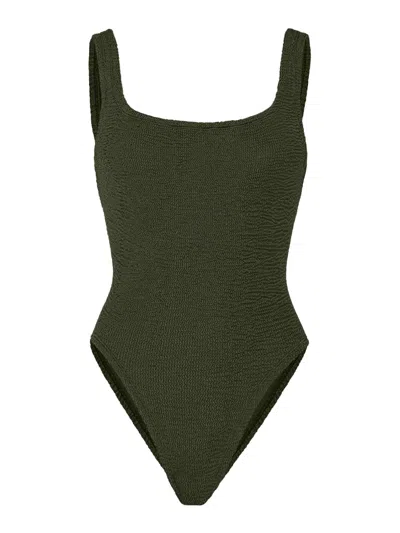 Hunza G Womens Square-neck Seersucker Swimsuit Metallic Khak In Green