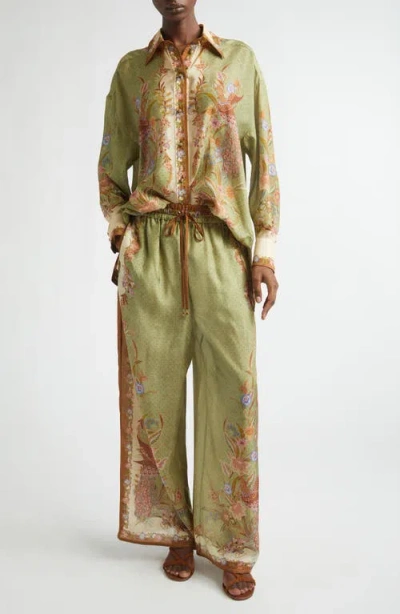 Zimmermann Womens Khaki Scarf Floral Indra Wide-leg Silk Trousers In Green