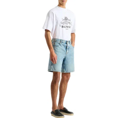 Balmain Light Blue Denim Bermuda Shorts In Blue