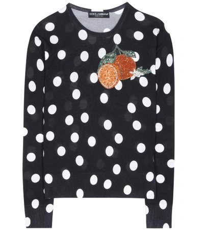 Dolce & Gabbana Tangerine Embellished Polka Dot Silk Sweater In Black