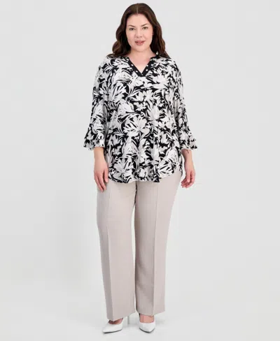 Kasper Plus Size Split-neck Ruffled-cuff Top In Multi