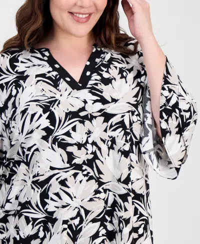 Kasper Plus Size Split-neck Ruffled-cuff Top In Multi
