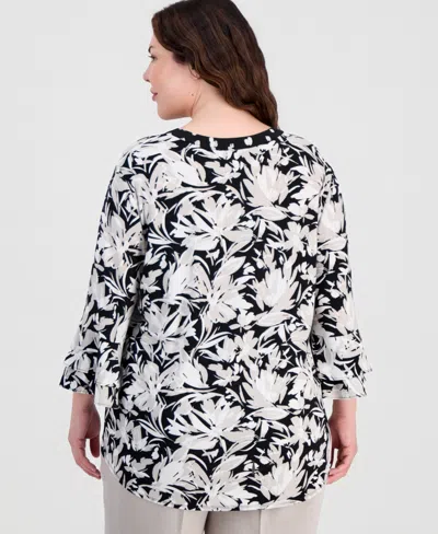Kasper Plus Size Split-neck Ruffled-cuff Top In Multi