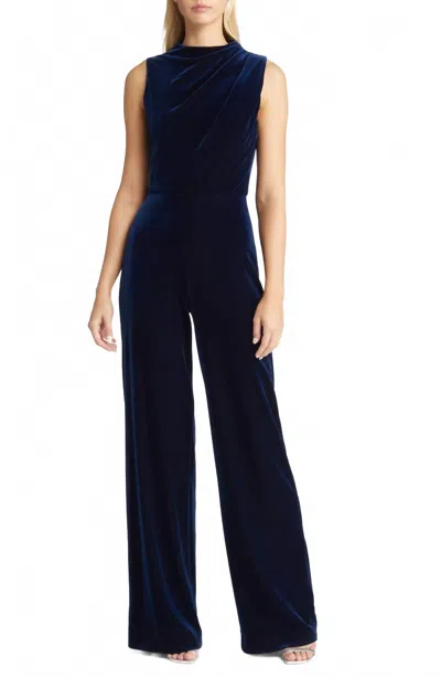 Black Halo Corrine Velvet Wide Leg Jumpsuit In Deep Wave In Blue