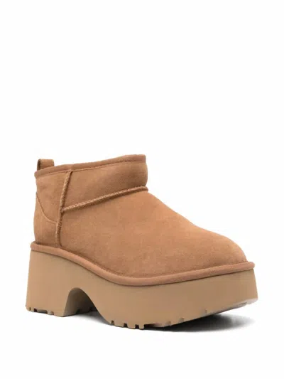 Ugg Womens Tan Classic Ultra Mini New Heights Suede And Shearling Heeled Ankle Boots Eur 39 / 6 Uk In Neutral