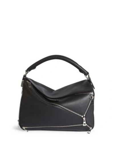 Shop Loewe Puzzle Zips Leather Top-handle Bag In Black