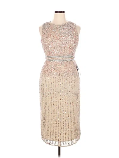 Mac Duggal Sleeveless High Neck Beaded Midi Sheath Dress In Neutral