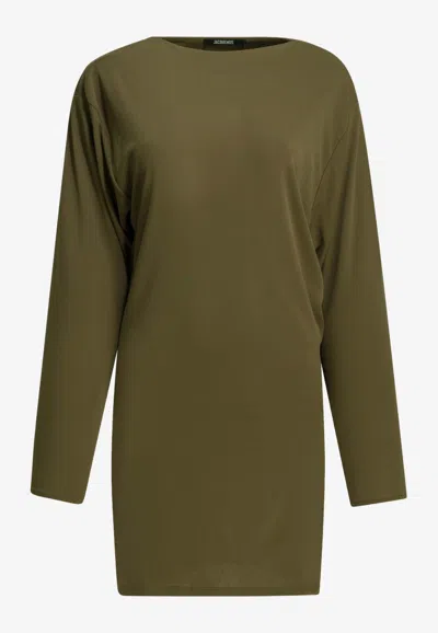 Jacquemus The Mistral Open-back Draped Jersey Mini Dress In Green