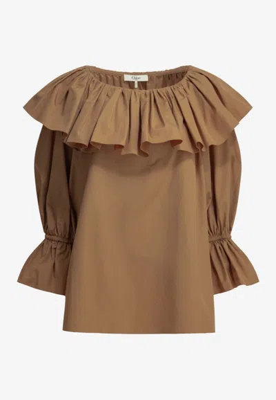Chloé Ruffled Cotton Blouse With Drawstring Cuffs For Women In Brown