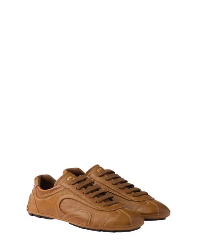 Prada Men's Montecarlo Re-edition 2005 Antiqued Nappa Leather Sneakers In Blue In Brown