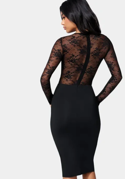 Bebe Lace Inset Fitted Midi Dress In Black