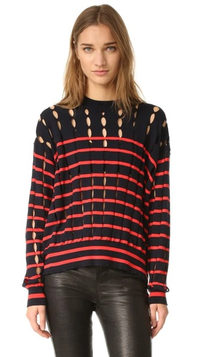 Alexander Wang T Striped Cotton Pullover With Slits In Blue