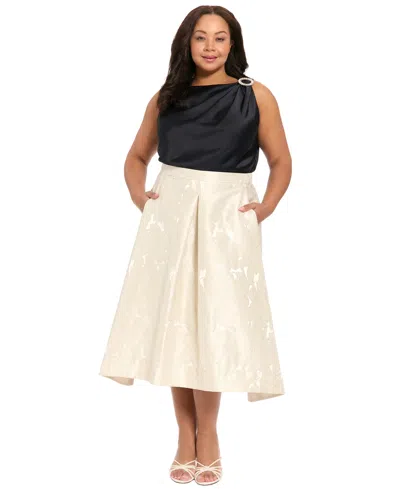 Muse Plus Size Polyester Box Pleat Midi Skirt In White