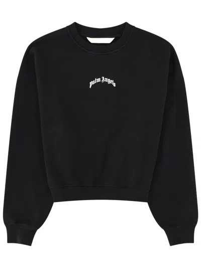 Palm Angels Neutrals Crop Crewneck Arched Logo Sweatshirt In Black