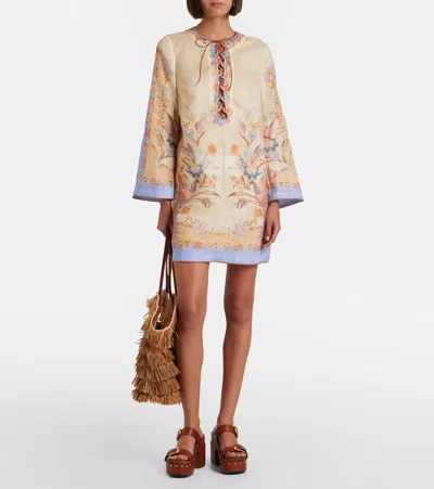 Zimmermann Womens Biscuit Scarf Floral Indra Floral-print Linen Tunic Mini Dress Xs In Multi