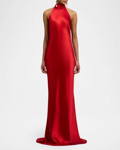 Ralph Lauren Chilton Stretch Satin Evening Dress In Bright Red