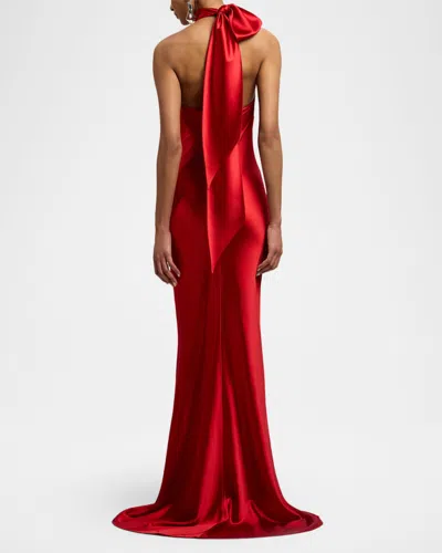 Ralph Lauren Chilton Stretch Satin Evening Dress In Bright Red