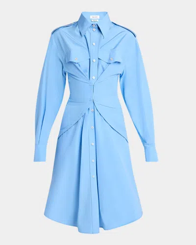 Alexander Mcqueen Mcqueen Long Sleeve Gathered Cotton Blend Shirtdress In Blue