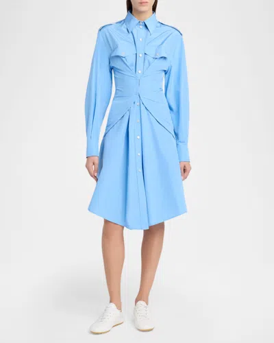 Alexander Mcqueen Mcqueen Long Sleeve Gathered Cotton Blend Shirtdress In Blue