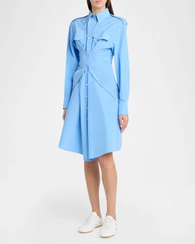 Alexander Mcqueen Mcqueen Long Sleeve Gathered Cotton Blend Shirtdress In Blue