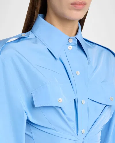 Alexander Mcqueen Mcqueen Long Sleeve Gathered Cotton Blend Shirtdress In Blue