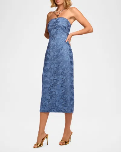Ramy Brook Tessa Metallic Floral Strapless Lace Sheath Cocktail Dress In Blue