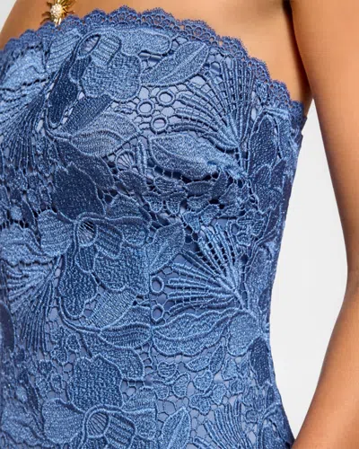 Ramy Brook Tessa Metallic Floral Strapless Lace Sheath Cocktail Dress In Blue
