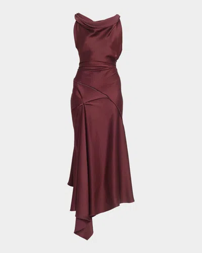 Victoria Beckham Asymmetric Draped Sleeveless Satin Midi Dress In Burgundy