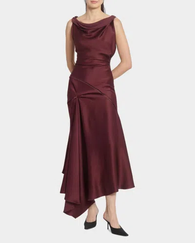 Victoria Beckham Asymmetric Draped Sleeveless Satin Midi Dress In Burgundy