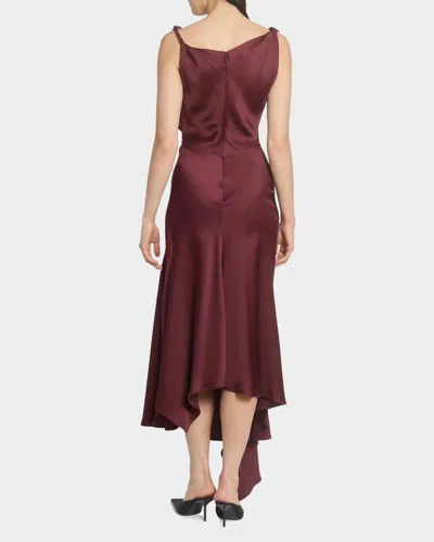 Victoria Beckham Asymmetric Draped Sleeveless Satin Midi Dress In Burgundy