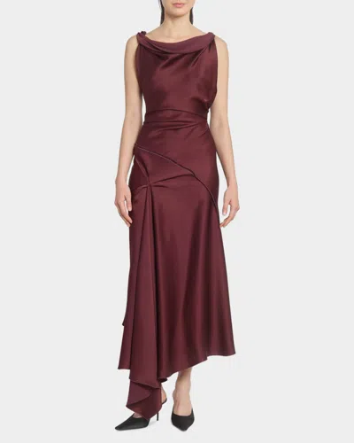 Victoria Beckham Asymmetric Draped Sleeveless Satin Midi Dress In Burgundy