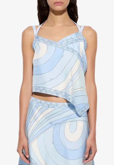 Pucci Iride Print Asymmetrical Silk Top In Blue
