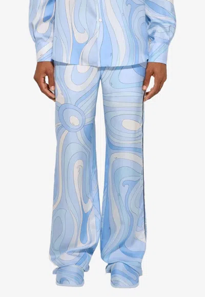 Pucci Marmo-print Silk Pants In Blue