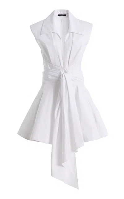 Balmain Belted Pleated Cotton-poplin Mini Dress In White