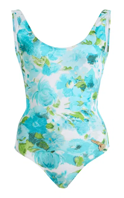 Chloé White And Blue Aqua Flower-print Lycra One-piece Swimsuit In Multi