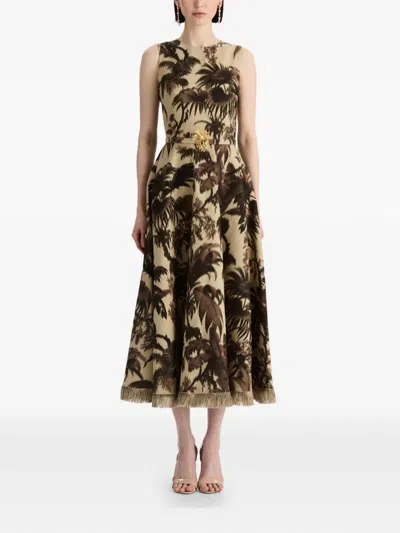 Oscar De La Renta Sleeveless Chine Palm-print Belted Midi Dress In Multi