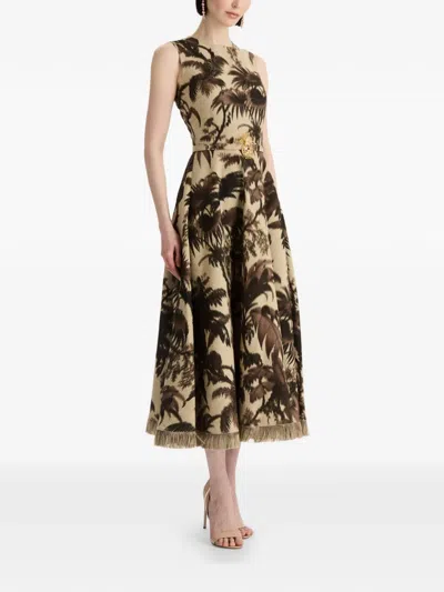 Oscar De La Renta Sleeveless Chine Palm-print Belted Midi Dress In Multi